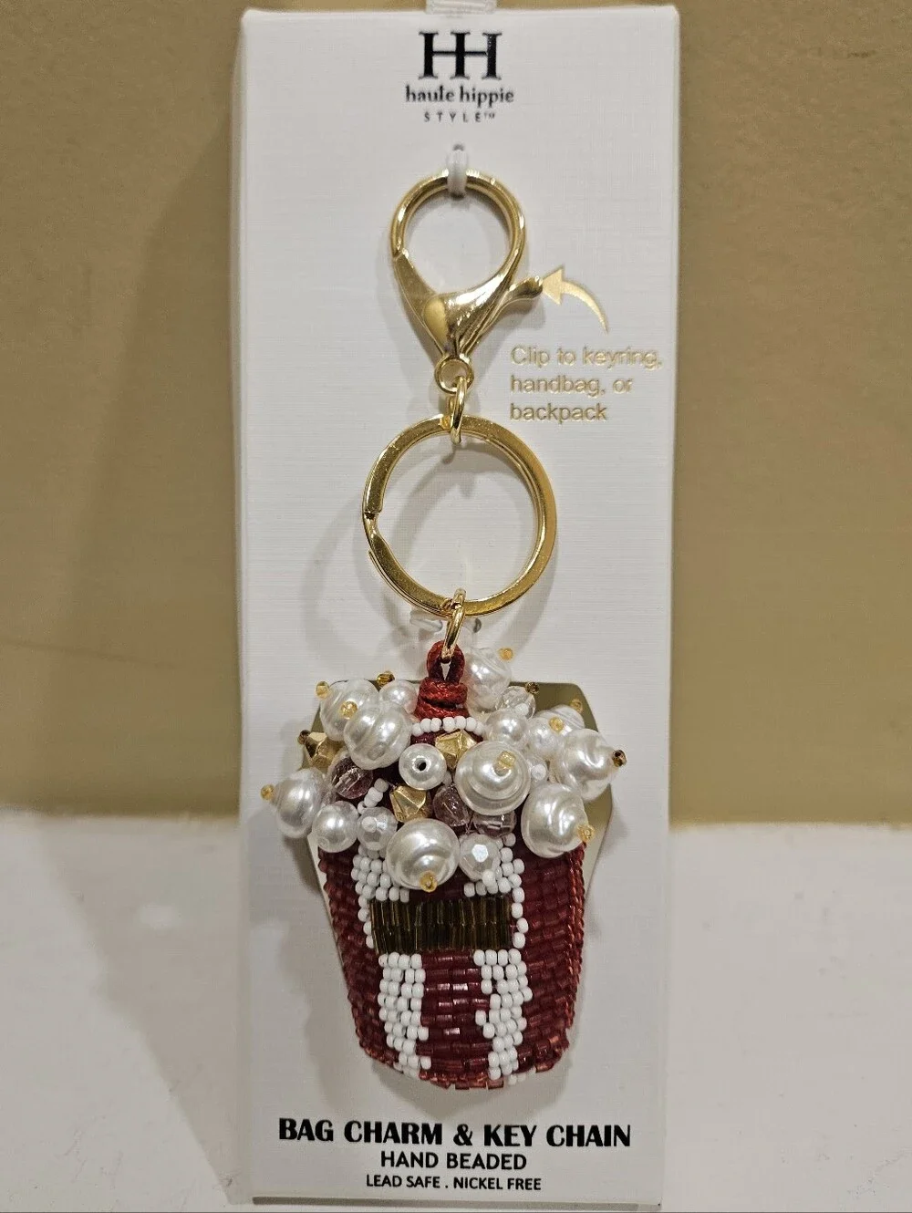 Haute Hippie Red Beaded Pearl & Gold Bag Charm